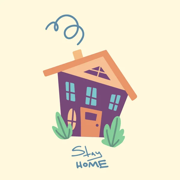 Leuke Huis Vector Illustratie Blijf Thuis Met Hand Geschreven Letters — Stockvector