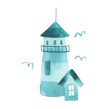 Beyaz arka planda izole edilmiş bir deniz feneri olan suluboya el çizimi. Mavi suluboya. Duvar kağıdı, paketleme ve tekstil için örnek ögesi.