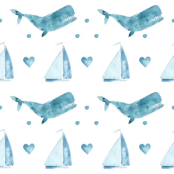 Aquarell Handgezeichnet Nahtloses Muster Mit Wal Blasen Segelboot Und Herzen — Stockfoto
