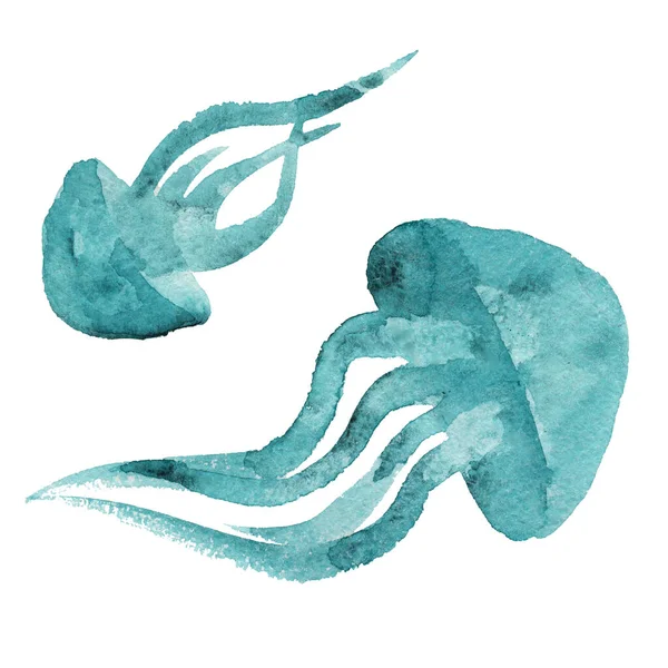 Akvarel Ručně Kreslené Ilustrace Medúzy Izolované Bílém Pozadí Mořské Téma — Stock fotografie