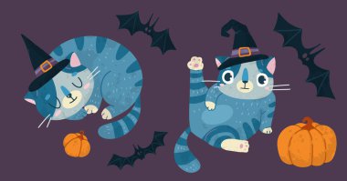 Helloween vector stock illustration with cute cat in a witch hat, bats and pumpkin. Hand drawn style. For party decoration, posters, invitations, labels, social media posts. clipart