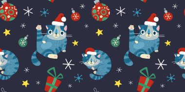 Noel ve Yeni Yıl tatilleri sevimli kedilerle kusursuz. El çizimi stili. Paket kağıdı, arkaplan, tekstil, sosyal medya paylaşımları için.