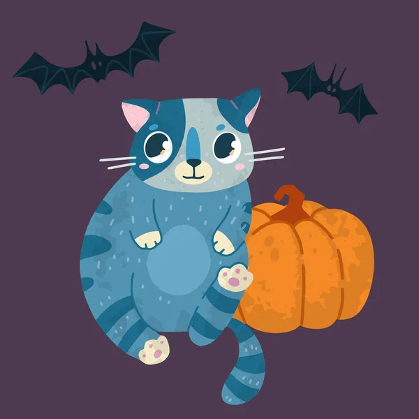 Helloween Vektor Stock Illustration Med Söt Katt Häxa Hatt Fladdermöss — Stock vektor