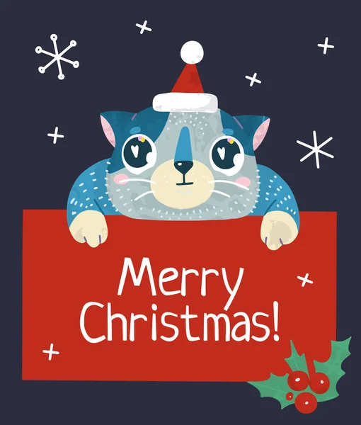 Christmas and New Year holiday vector stock illustration with cute cat and snow. Hand drawn  style.  For greeting card, winter posters, tags, invitations, labels, social media posts and scrapbooks.