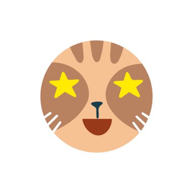 Hikayeler kapak, avatar, emoji: mutlu ve favoriler. Şirin komik kedi suratı. Beyaz arka planda karikatür hayvan ağızlığı var. Düz vektör çizimi, el çizimi tarzı. Düzenlenebilir simge. 