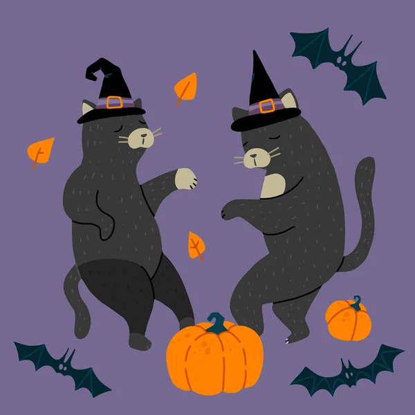 Танцующие Кошки Заднем Плане Хеллоуин Милые Котята Колпаке Ведьмы Летучих — стоковый вектор