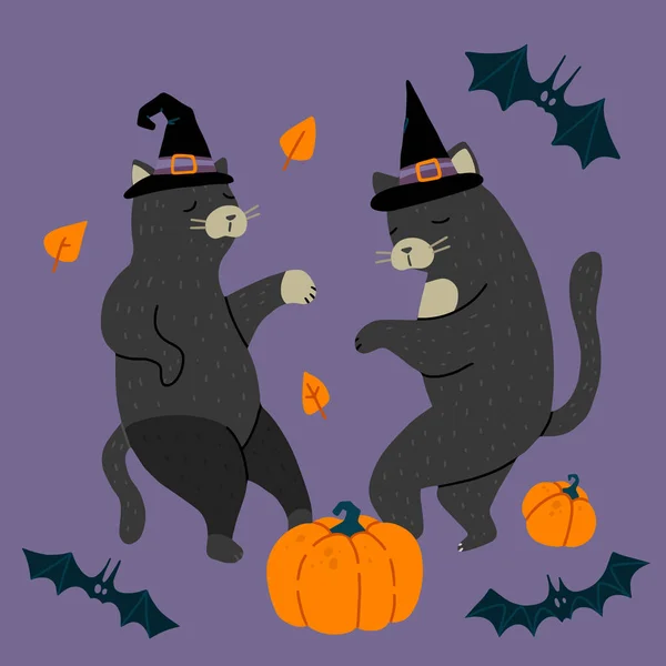 Chats Dansants Isolés Sur Fond Helloween Chatons Mignons Dans Chapeau — Image vectorielle