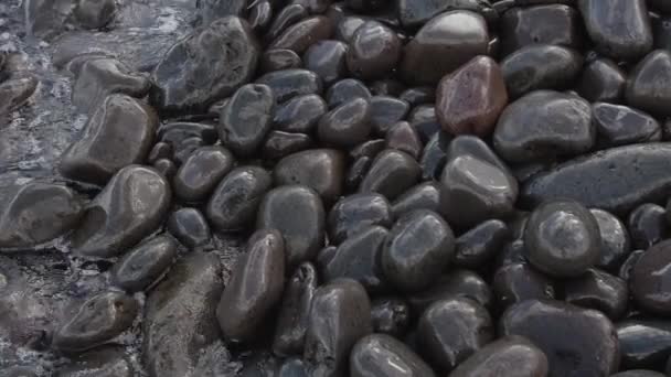 Tenger, óceán hullámok mosás kis szürke kövek a parton. Közelről hullámok ütő a sziklás tengerparton. — Stock videók