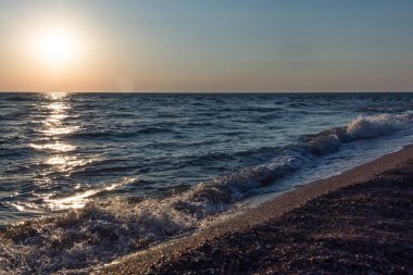Kabukları ile sahilinde günbatımı, dalgalar deniz. Güzel arka plan.