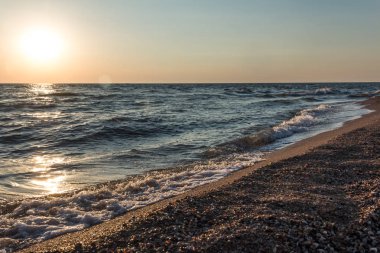 Kabukları ile sahilinde günbatımı, dalgalar deniz. Güzel arka plan.