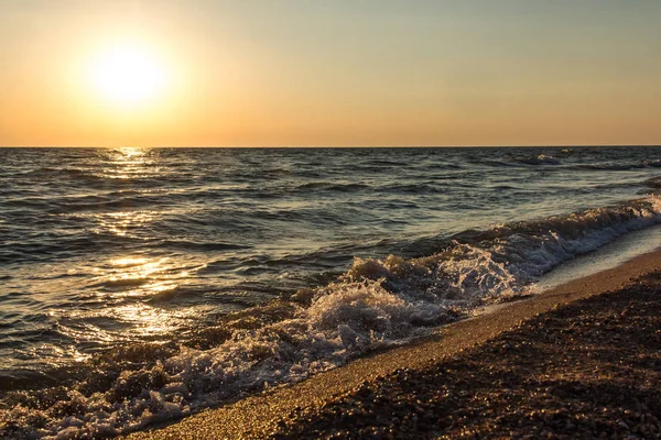Deniz kıyısında arka planı güneşli gün batımı.