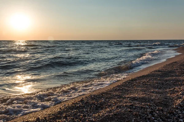 Kabukları ile sahilinde günbatımı, dalgalar deniz. Güzel arka plan.