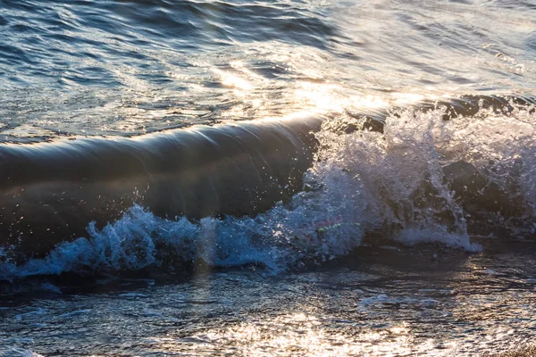 Bir deniz dalga kıyıya günbatımında atıyor..