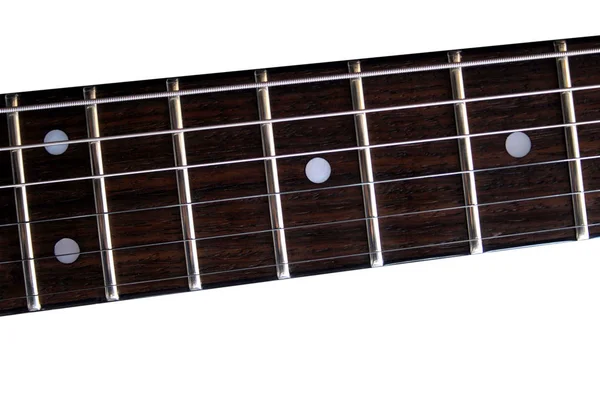 Teil des klassischen Griffbretts der E-Gitarre. isoliert auf weißem Hintergrund. — Stockfoto