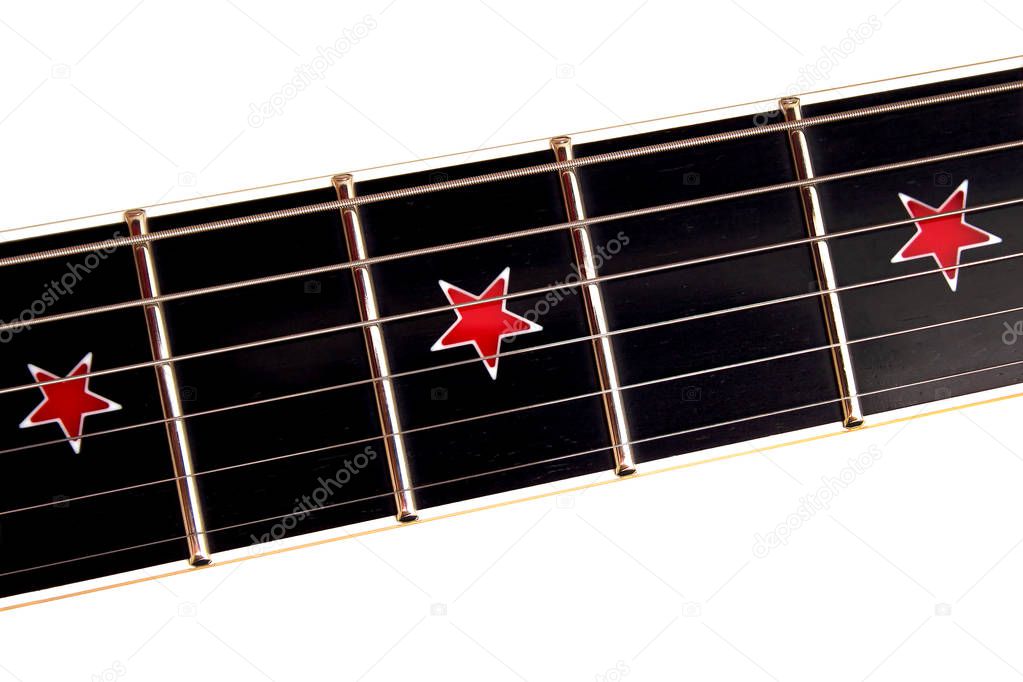 Guitar fretboard with stars close up top view of an electric guitar neck and strings on white background isolated.