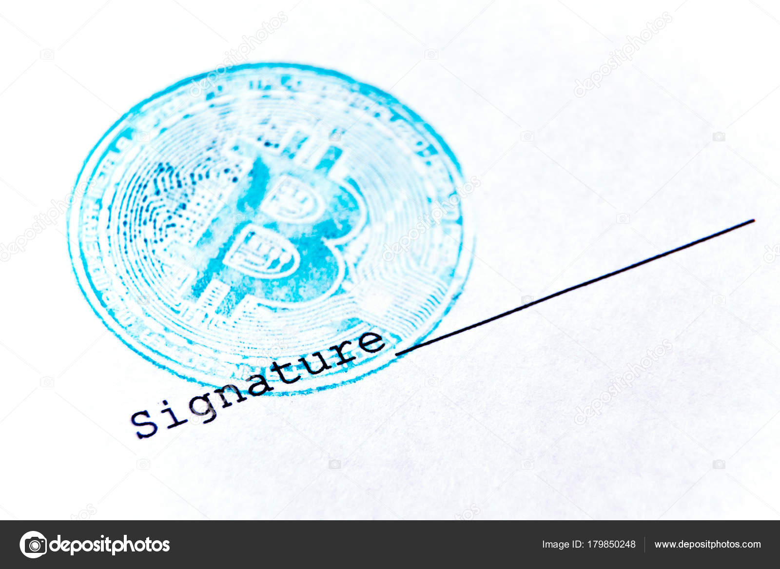 Macro Blue Bitcoin Stamp And Signature On A White Sheet Of Paper - the concept of any virtual financial document with a crypto currency macro blue bitcoin stamp and signature on a white sheet of paper