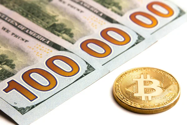 Ne cryptocurrency döviz kuru. Yanıbaşımızda banknotlar altın bitcoin. Üç yüz dolar faturaları. Bir milyon dolar. Beyaz arka plan.
