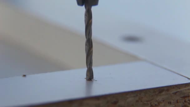 Macro Close Furniture Master Pierces Hole Drill White Chipboard — Stock Video