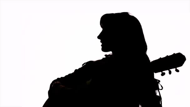 Silhouette Isolated Girl Playing Guitar Profile Musician Copy Space — Stock Video