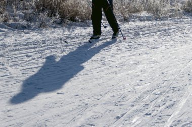 Bir adam siyah pantolonuyla Kayak gölgesi. Kayaklar ve boşaltmak karlı arka plan.