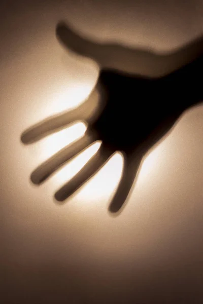 Siluett av fem fingrar på en mans hand med en ljus ljus plats. Mystiska bild av en vertikal syn på bullriga bakgrund bakom frostat glas. Begreppet en fruktansvärd historia. Brun tonalitet. — Stockfoto