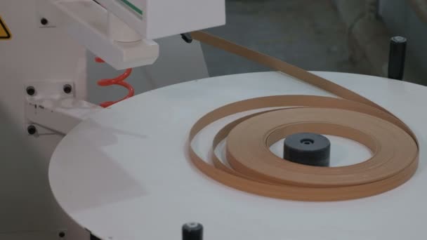 家具製造業 チップボード部品の刃先加工機 木質とPvcエッジロール張力 接近中だビデオには実際の生産音とノイズが含まれています — ストック動画