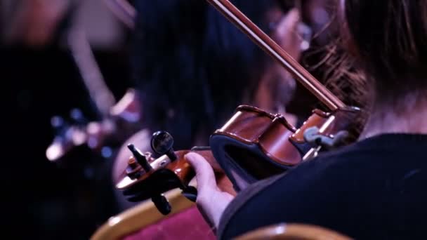 バイオリンを弾いている女の子 ヴァイオリニストの女性 管楽器と弦楽器の市内オーケストラのコンサート — ストック動画