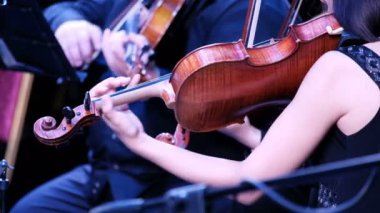 Klasik müzik senfoni orkestrasında keman çalan bir kadın. Arka planda kemancı var. Müzisyenlerin arkasından bak. İşteki telli enstrümanın yakın plan görüntüsü.