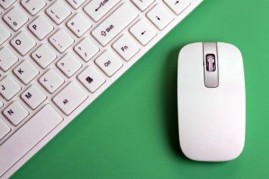 Yeşil arka plandaki bir bilgisayar için beyaz klavye ve fare. Kablosuz teknoloji. Ayrıntılar yakın. Uzayı kopyala Toplumun bilgilendirilmesi ve sayısallaştırılması kavramı.