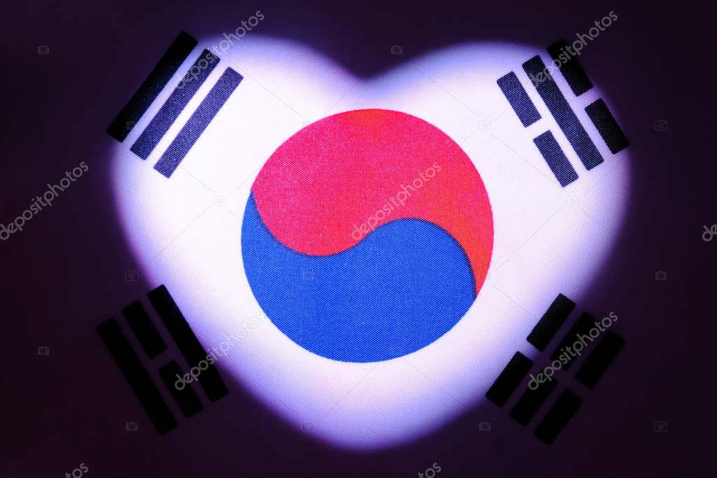 The flag of South Korea on which the light is in the shape of a heart. Symbol for the illustration of relationships and feelings, concept of love, patriotism and independence. Valentine's Day design.
