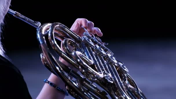 Kvinnlig hand trycker på knappar. Svart bakgrund.En kvinna med vitt hår spelar den franska horn. Närbild av ett blåsinstrument i en symfoniorkester. Musiker i ett mässingsband. Konsert. — Stockvideo