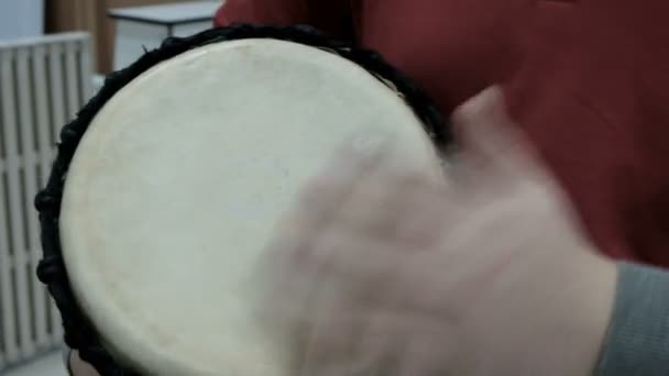 Close Drummer Hand Ethnic Music Modern Building Interior Real Sound — 비디오