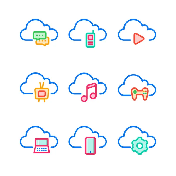 Iconos Línea Cloud Computing Entretenimiento — Vector de stock