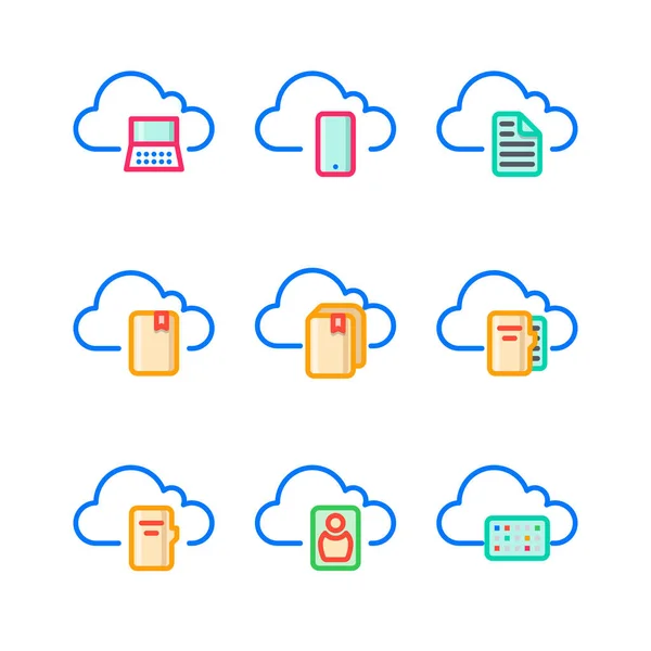 Iconos Línea Para Servicios Nube Incluye Computación Móvil Documento Libro — Vector de stock