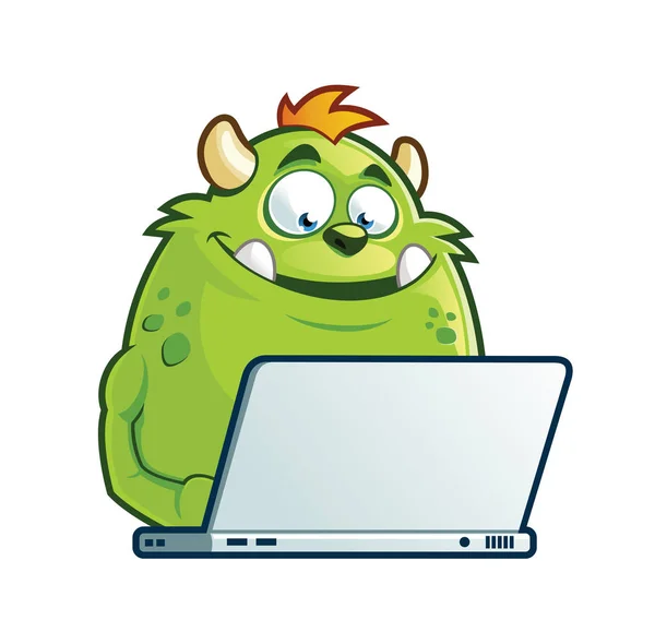 可爱的卡通怪物与笔记本电脑 — 图库矢量图片