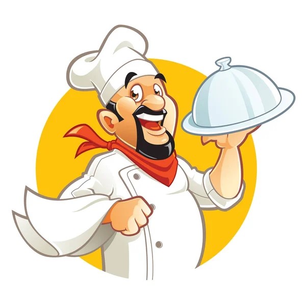 Chef Souriant Personnage Dessin Animé Tenant Plateau Argent — Image vectorielle