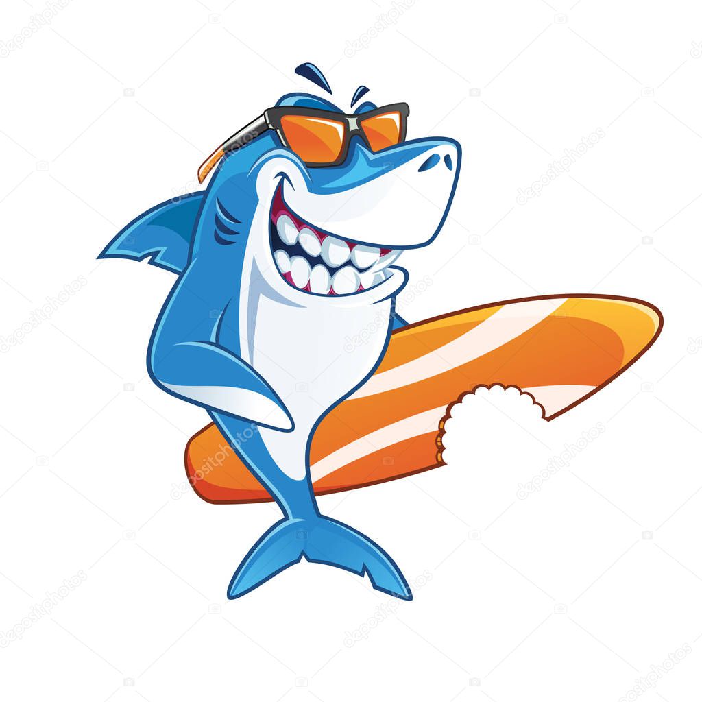 Smiling Shark Surfer Cartoon Character Sunglasses Holding ...