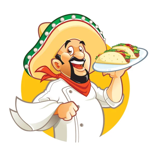 Cartoon Smiling Mexican Chef Holds Plate Tacos — Stock Vector