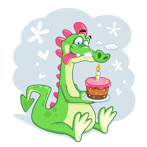 Dragão Desenho Animado Bonito Com Bolo Aniversário —  Vetores de Stock