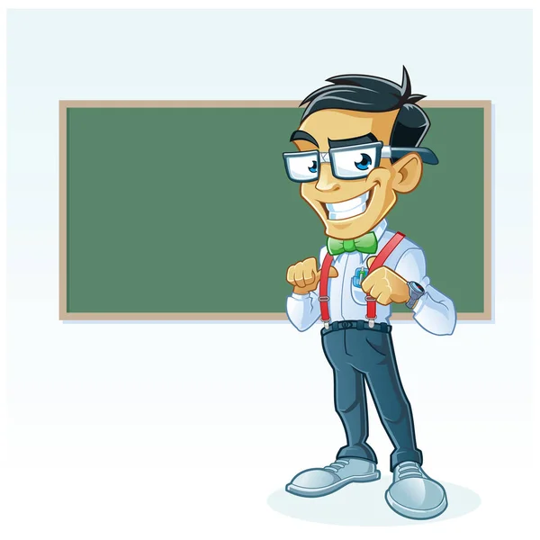 Carácter Dibujos Animados Geek Sonriente Frente Escuela Pizarra Verde — Vector de stock