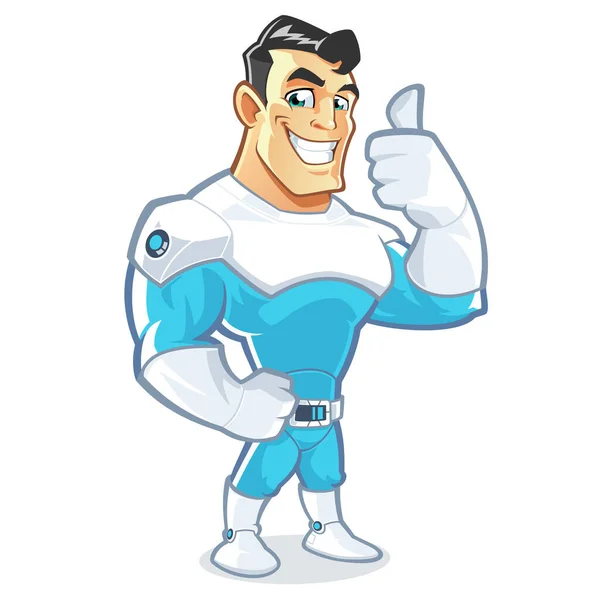 Starke Superhelden Zeichentrickfigur Zeigt Daumen Hoch — Stockvektor