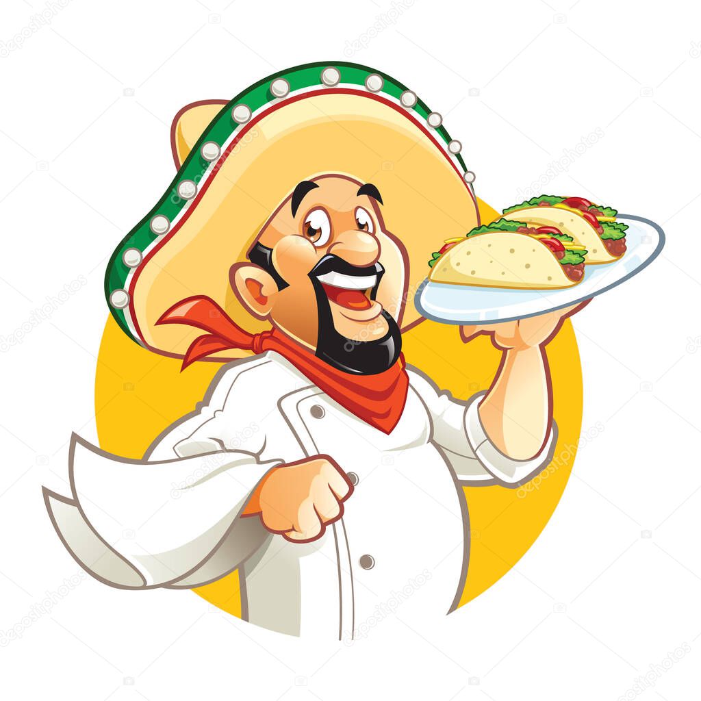 Cartoon smiling Mexican chef holds plate with tacos
