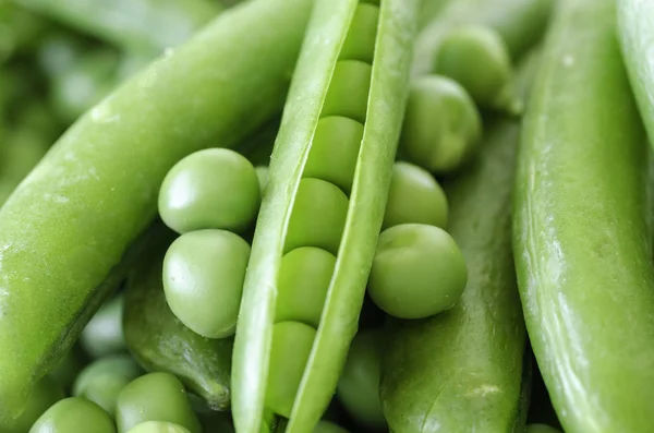 Färska gröna ärtor makro - ekologisk mat från trädgården. — Stockfoto