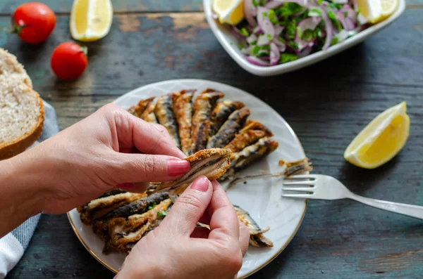 Pesce di acciughe fritte e cipolla viola sul piatto . — Foto Stock