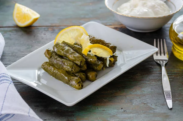Pirinçli üzüm yaprakları, zeytinyağı ve beyaz tabakta otlar.