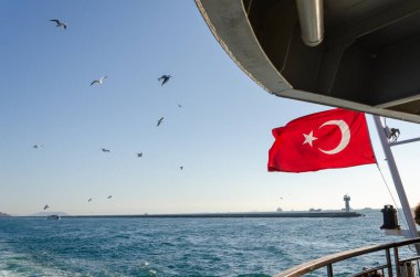 Feribotta Türk bayrağı sallanıyor, martılar dalgalanıyor.  