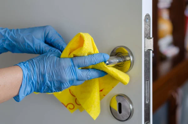 Mujer Está Desinfectando Manija Puerta Para Prevenir Enfermedades Infecciosas Imagen de stock