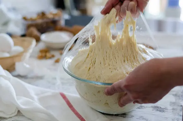 Proceso Preparación Masa Para Pan Cocina — Foto de Stock