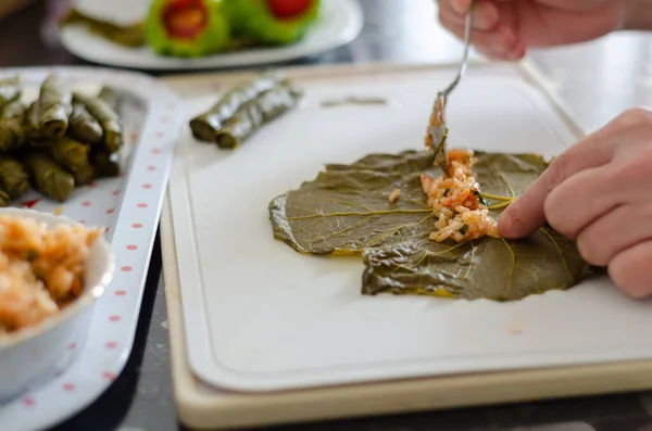 Dólar Turco Tradicional Sarma Mulher Está Enchendo Folhas Uvas Fundo — Fotografia de Stock