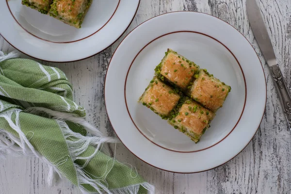 Traditional Turkish Dessert Baklava Wooden Table Top View — Stock Photo, Image